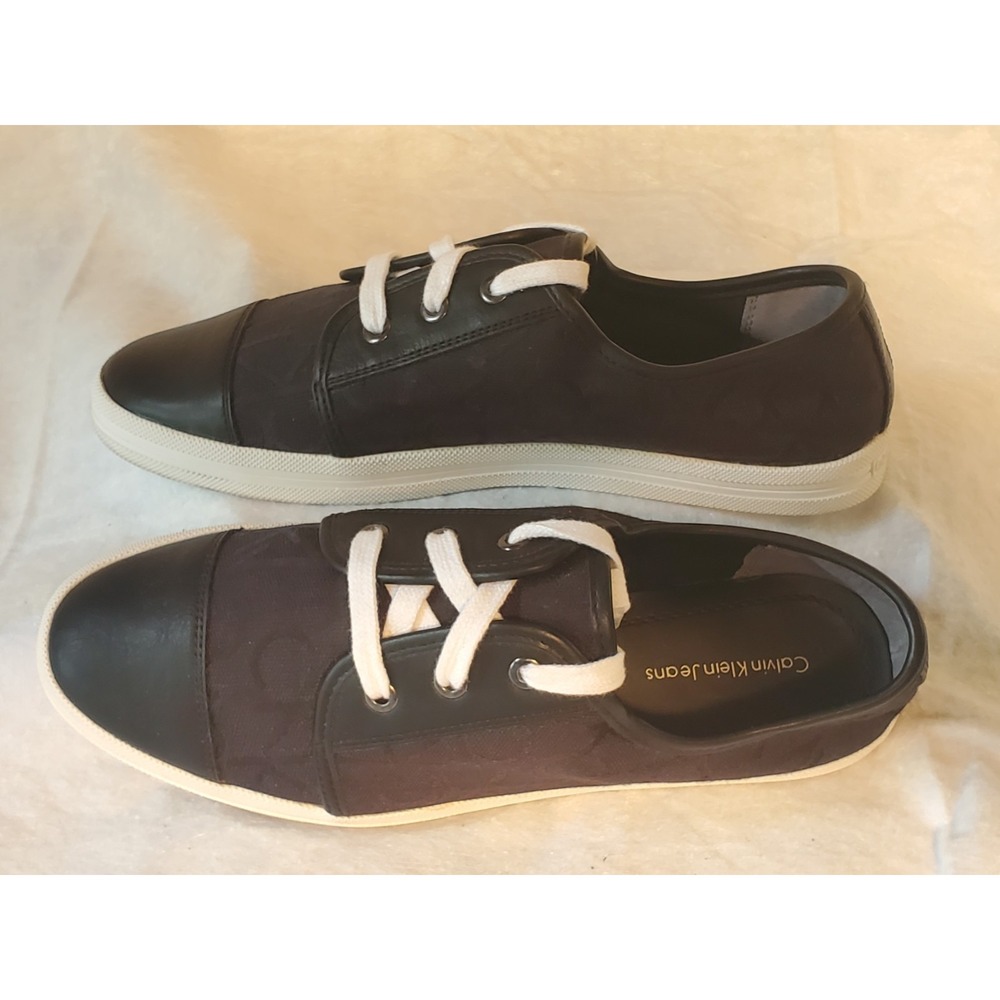 Calvin Klein Logo Sneakers Merlinda‎ Womens Shoes 8 1/2 M Black White Leather - Picture 8 of 9